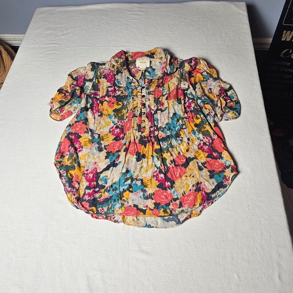 Maeve by Anthropologie  "Isabella" Pleated Henley Blouse Womens Sz 6 Multicolor